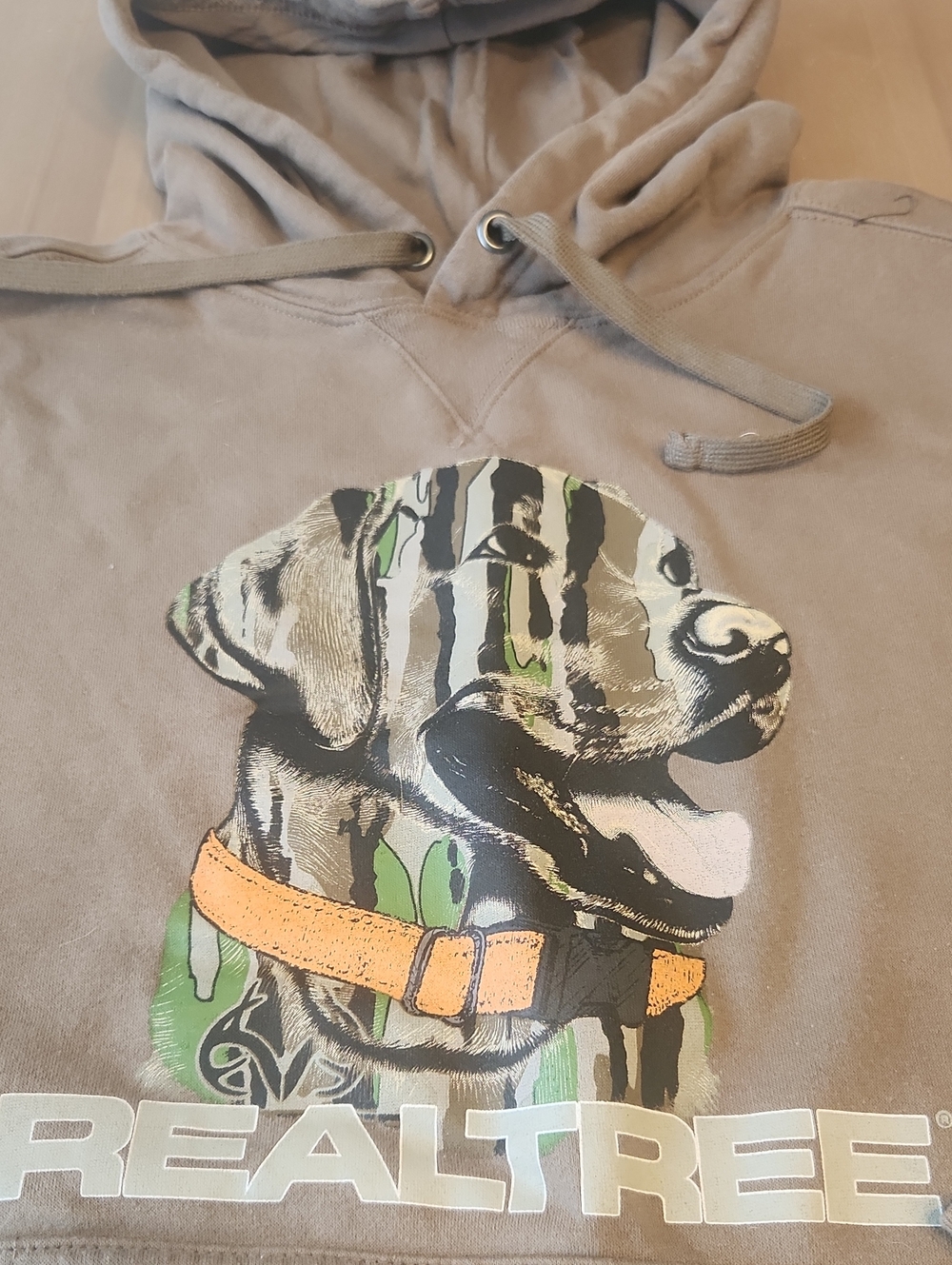 Realtree Tan Hoodie with Green Camo Dog Graphic